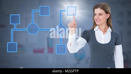 Woman's  hand touching blue wireframe Stock Photo