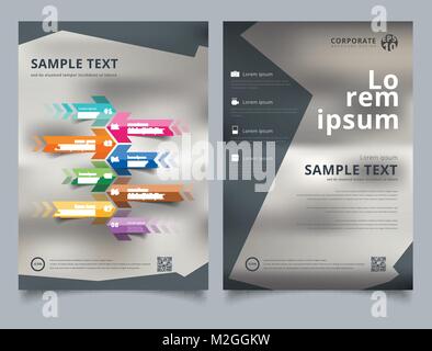 Brochure Template geometric black color scheme with image background and colorful arrow infographics. Business book cover design. Annual report, Magaz Stock Vector