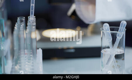 Sterilized lab flasks ready for scientific experiment, close-up of equipment, stock video Stock Photo