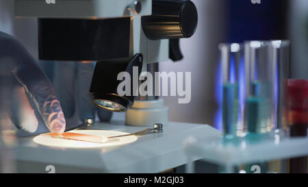 Hands of laboratory assistant removing samples from microscope stage, science, stock video Stock Photo