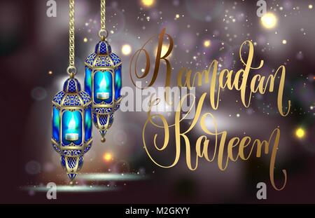 Ramadan Kareem greeting card design with evening lights Stock Vector