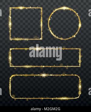 Golden glowing frames with shiny gold sparks. Decorative element for banner or templates with light glittering effect on transparent background. vector illustration Stock Vector