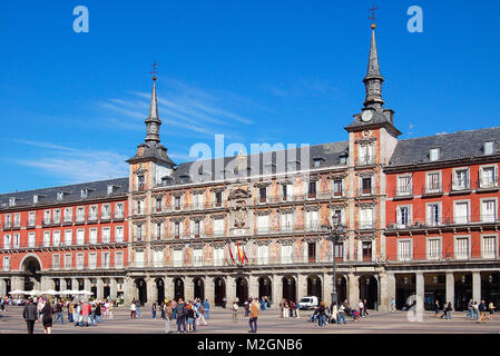 The Main Square (Plaza Mayor), a grand arcaded square in the center of the city, is very popular with tourists and locals alike - Madrid, Spain Stock Photo