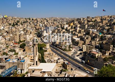 Residential area in Amman city view with big Jordan flag, City of Amman, Jordan Stock Photo