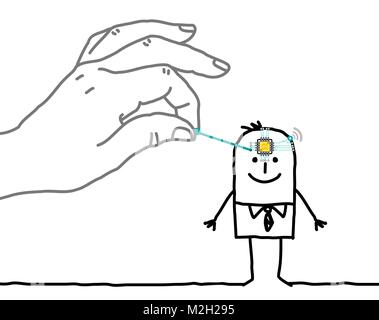 Big Hand Putting a Microchip in a Cartoon Man's Head Stock Vector
