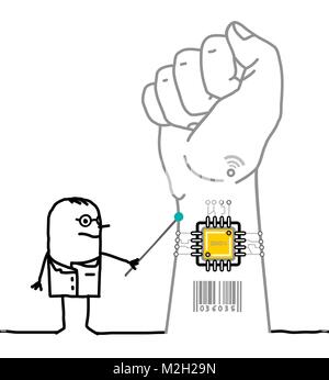 Cartoon Doctor Showing A Microchip Implant in Wrist Stock Vector