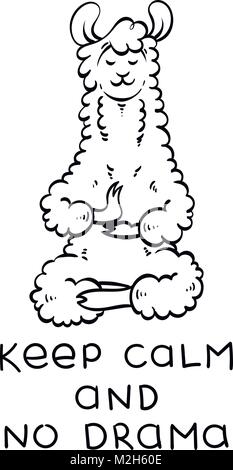 Cute meditating furry llama. Vector cartoon illustration on a white background with motivational lettering. Keep calm and no drama. Stock Vector