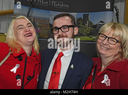 Jack Sargeant at the count in Connah's Quay after winning the Welsh Assembly by-election in Alyn & Deeside. The by-election was triggered by the death of his father, Labour AM Carl Sargeant, after he was dismissed from the Welsh Government cabinet and suspended from the Labour Party over allegations about his personal conduct. Pictured with his mum Bernie & sister Lucy. Stock Photo