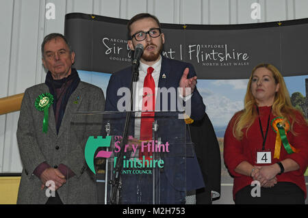 Jack Sargeant speaks at the count in Connah's Quay after winning the Welsh Assembly by-election in Alyn & Deeside. The by-election was triggered by the death of his father, Labour AM Carl Sargeant, after he was dismissed from the Welsh Government cabinet and suspended from the Labour Party over allegations about his personal conduct. Stock Photo