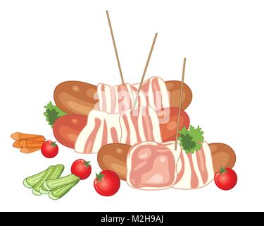 a vector illustration in eps 10 format of bacon wrapped sausages known as pigs in blankets as an appetizer with cherry tomatoes and garnish Stock Vector