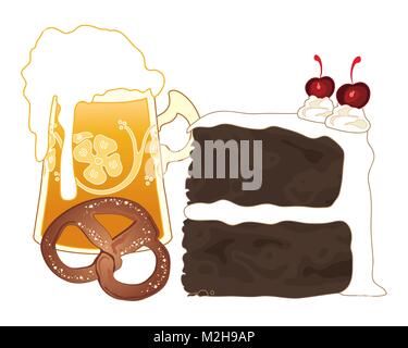 a vector illustration in eps 10 format of a slice of black forest cake with a tankard of beer and a pretzel on a white background Stock Vector