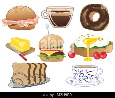 a vector illustration in eps 10 format of types of food and drinks on a white background usually consumed at breakfast time Stock Vector