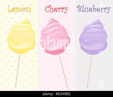 a vector illustration in eps 10 format of cotton candy on sticks in fruity lemon cherry and blueberry flavors on a colorful background Stock Vector
