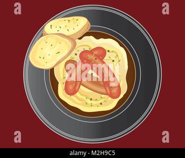 a vector illustration in eps 10 format of a plate of sausages mashed potato gravy and buttered bread on a dark red background Stock Vector