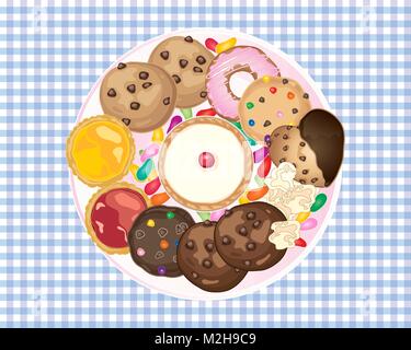 a vector illustration in eps 10 format of an aerial view of a plate with a selection of cookies tarts and cakes on a blue gingham tablecloth Stock Vector