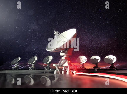 a group of radio telescopes at night glowing under the moonlight. Astronomy background. 3D illustration. Stock Photo