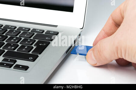 Inserting SD Card into a laptop computer Stock Photo