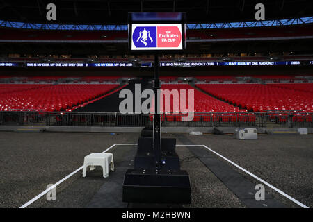 A general view of the Video Assistant Referee (VAR) system pitchside before the Emirates FA Cup, fourth round replay match at Wembley Stadium, London. Stock Photo