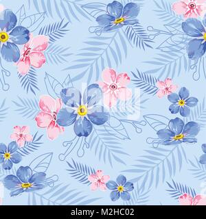 Seamless floral pattern, background in blue with blue and pink flowers and blue levaves for textiles, fabrics, cotton fabric, covers, wallpaper, print Stock Vector
