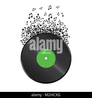 Vinyl disk with flying sound note. Music disk vector illustration. Sound record. Stock Vector