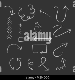 Hand drawn arrow set icon. Collection of pencil sketch symbols. Vector illustration on black background. Stock Vector