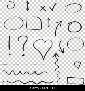 Hand drawn arrows and circles icon set. Collection of pencil sketch symbols. Vector illustration on isolated background. Stock Vector