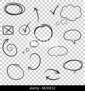 Hand drawn arrows and circles icon set. Collection of pencil sketch symbols. Stock Vector
