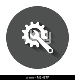 Service tools flat vector icon. Cogwheel with wrench symbol logo illustration on black round background with long shadow. Stock Vector