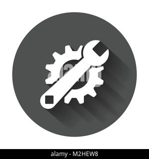 Service tools flat vector icon. Cogwheel with wrench symbol logo illustration on black round background with long shadow. Stock Vector