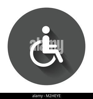 Man in wheelchair vector icon. Handicapped invalid people sign illustration on black round background with long shadow. Stock Vector
