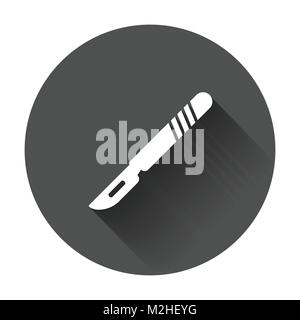 Medical scalpel vector icon. Hospital surgery knife sign illustration on black round background with long shadow. Stock Vector