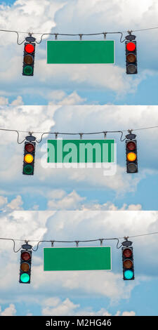 Vertical shot of three different pictures put together of red, yellow, and green traffic lights with a blank street sign between them.  Blue sky and c
