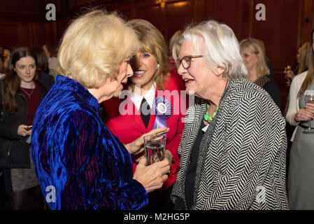 The Duchess of Cornwall meets Eve Pollard (centre) and Lynn Barber (right) during a reception for 'Women in Journalism' at The Ned in London. Stock Photo