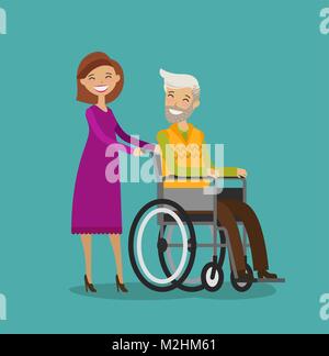 Volunteer or nurse on walk with disabled elderly man in wheelchair. Cartoon vector illustration Stock Vector