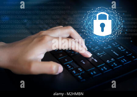 Press enter button on the computer. Key lock security system abstract technology world digital link cyber security on hi tech Dark blue background, En Stock Photo