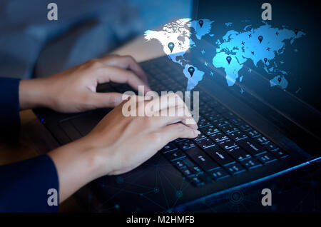 Press enter button on the computer. business logistics Communication network World map send message Connect worldwide hand keyboard Communications net Stock Photo