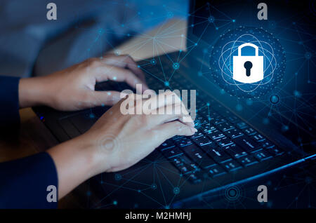 Press enter button on the computer. Key lock security system abstract technology world digital link cyber security on hi tech Dark blue background, En Stock Photo