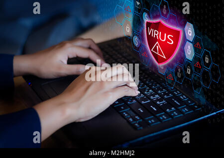 Press enter button on the keyboard computer Protective shield virus red Exclamation Warning Caution Computer in dark with word virus Stock Photo