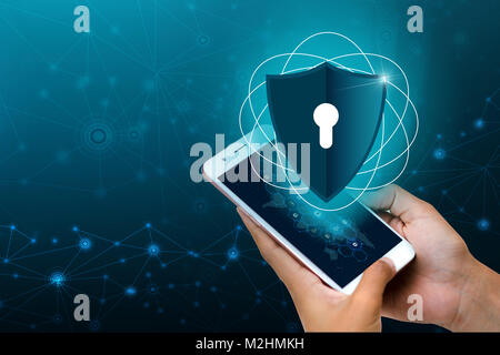 Shield Internet phone Smartphone is protected from hacker attacks, Firewall Businesspeople press the protected phone on the internet. space put messag Stock Photo