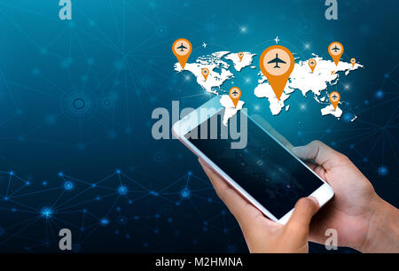 Smart Phones and Globe Connections Uncommon communication world Internet Businesspeople press the phone to communicate in the Internet. Communications Stock Photo