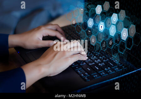 Press enter button on the computer. Key lock security system abstract technology world digital link cyber security on hi tech Dark blue background, En Stock Photo