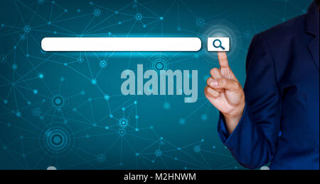 web search bar Search button on virtual screen pressed with finger Stock Photo