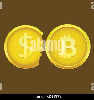 Bitcoin and cracked dollar coins Stock Vector