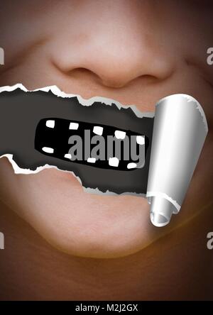 Face with torn paper on mouth and cartoon mouth Stock Photo