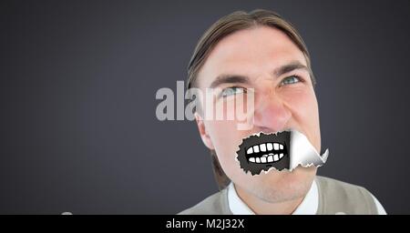 Man with torn paper on mouth and cartoon mouth Stock Photo