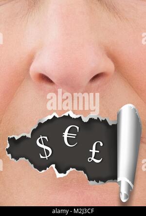 Face with torn paper on mouth and money currency mouth Stock Photo