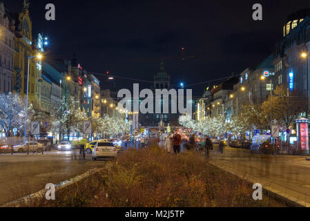 Christmas decoration at the Wenceslas square in Prague at night  Stock Photo