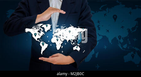 hand businessman World map Logistics transport product by plane Blue tone Stock Photo