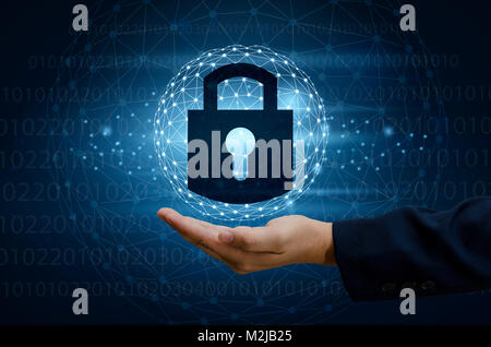 lock In the hands of a businessman Shield the shield to protect the cyberspace.Space input data Data Security Business Internet Concept. Secure inform Stock Photo
