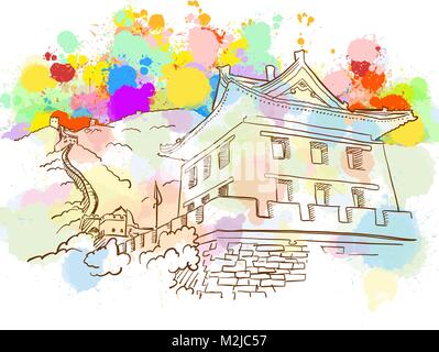 Colorful Great Wall Sketch. Hand Drawn Vector Illustration, Paint Splatter Color Isolated on White Background. Business Travel and Tourism Concept wit Stock Vector